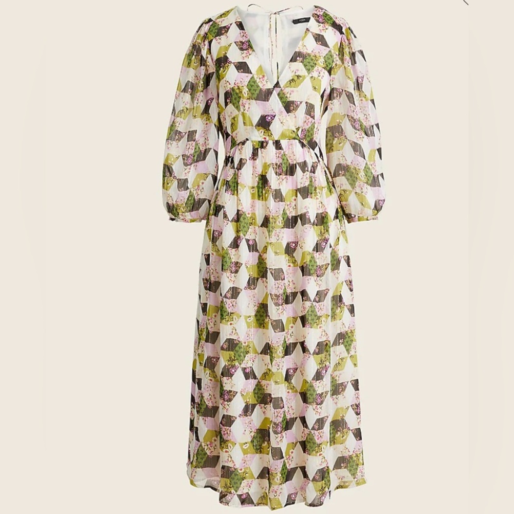 J. Crew Lurex Metallic Threads Chiffon Midi Dress in Patchwork Print NWT